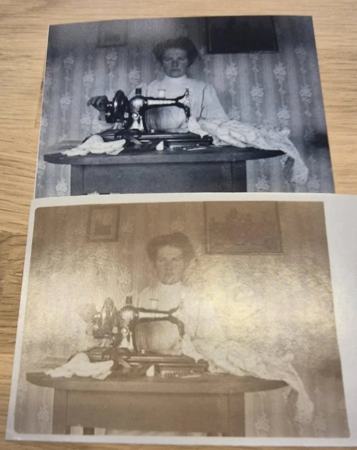 Historisk foto med symaskin – før og etter